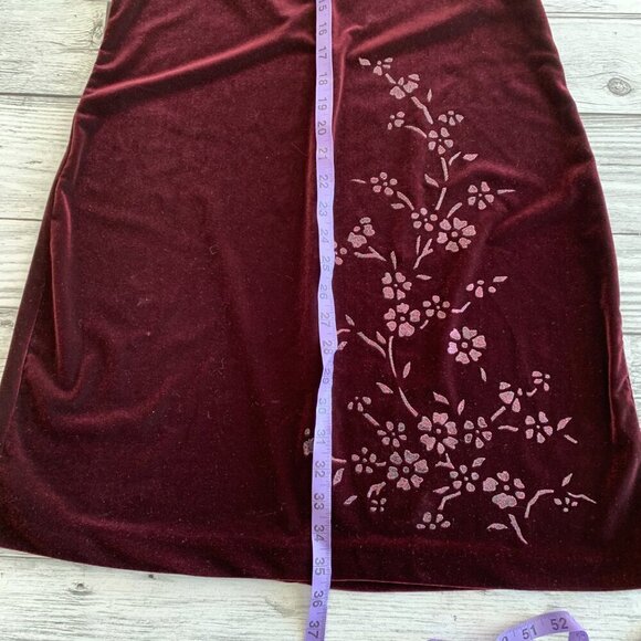 Vintage 90s Burgundy Velvet Floral Glitter Stretchy Sleeveless Sheath Dress - Picture 11 of 14